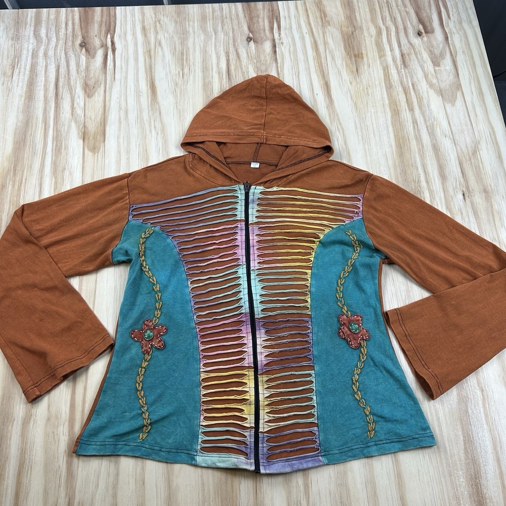 Nepal Handmade Womens 2XL Burnt Orange Floral Full Zip Hoodie Boho Hippie Folk